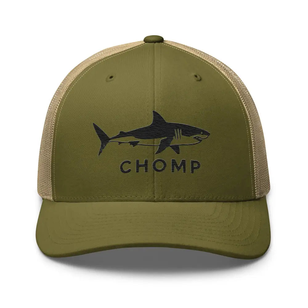 Olive green six-panel trucker cap with embroidered shark mesh