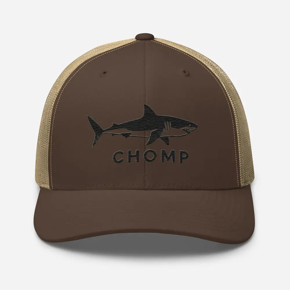 Brown and tan six-panel trucker cap with embroidered shark mesh