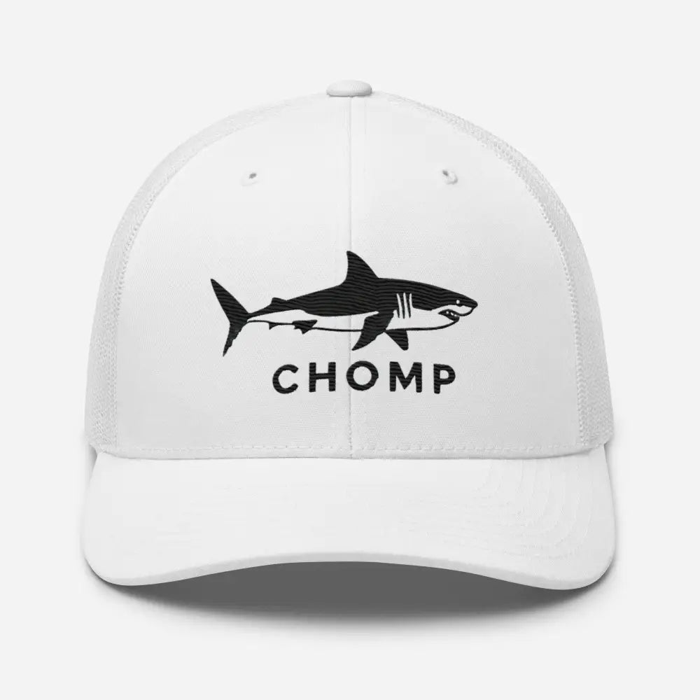White six-panel trucker cap with embroidered shark mesh back