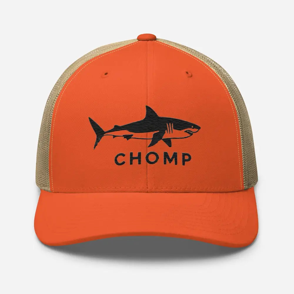 Orange tan six-panel trucker cap with embroidered shark mesh