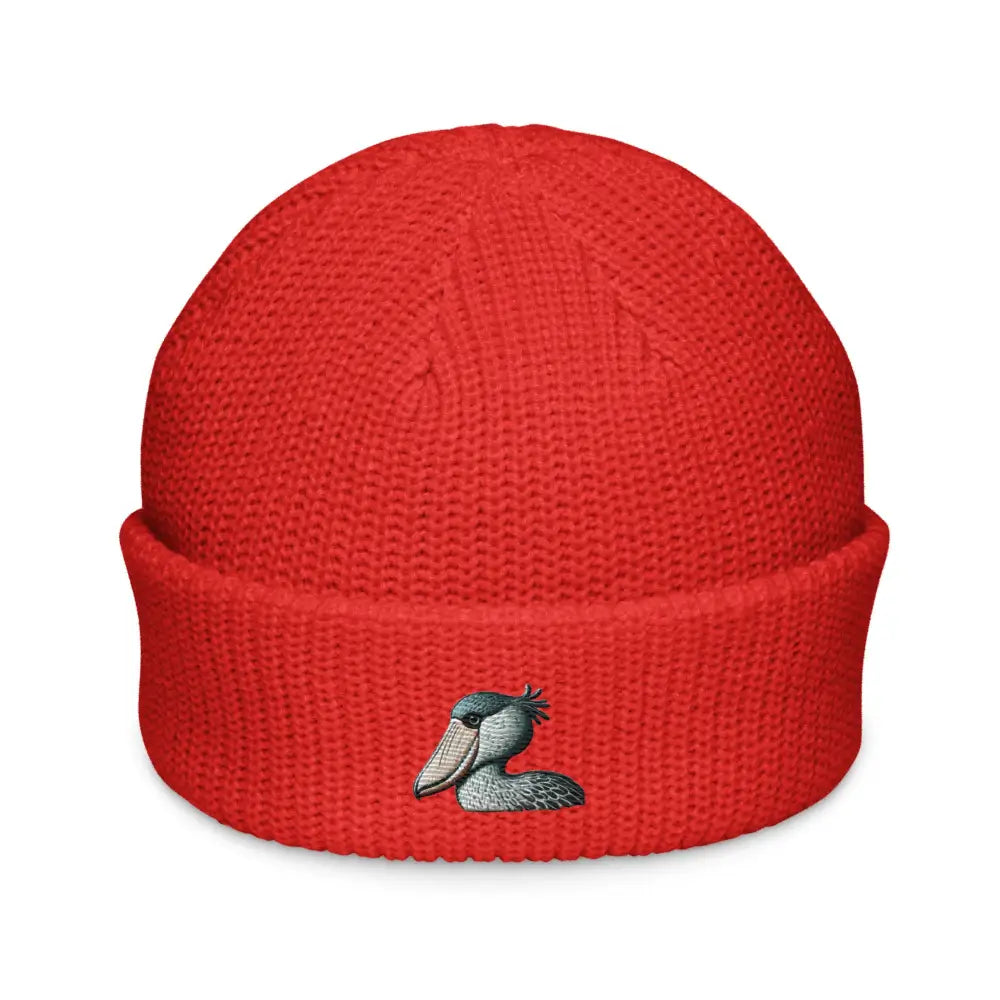 Red embroidered shoebill stork fisherman beanie