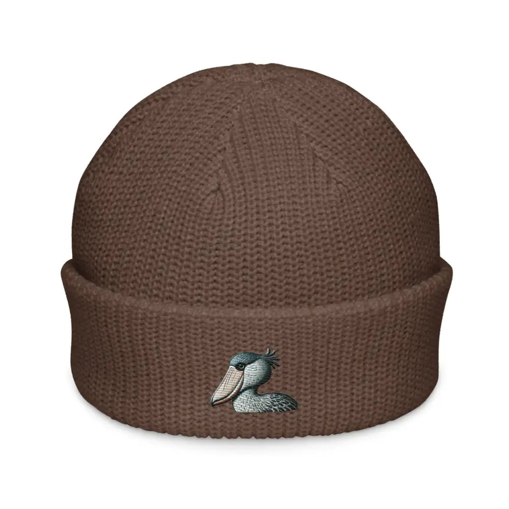 Brown embroidered shoebill stork fisherman beanie