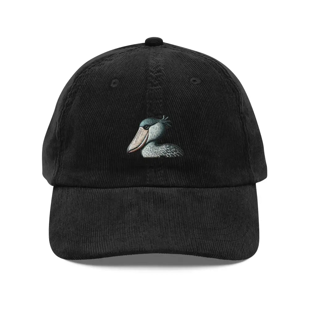 Embroidered shoebill stork on black vintage corduroy cap by Trini Skies