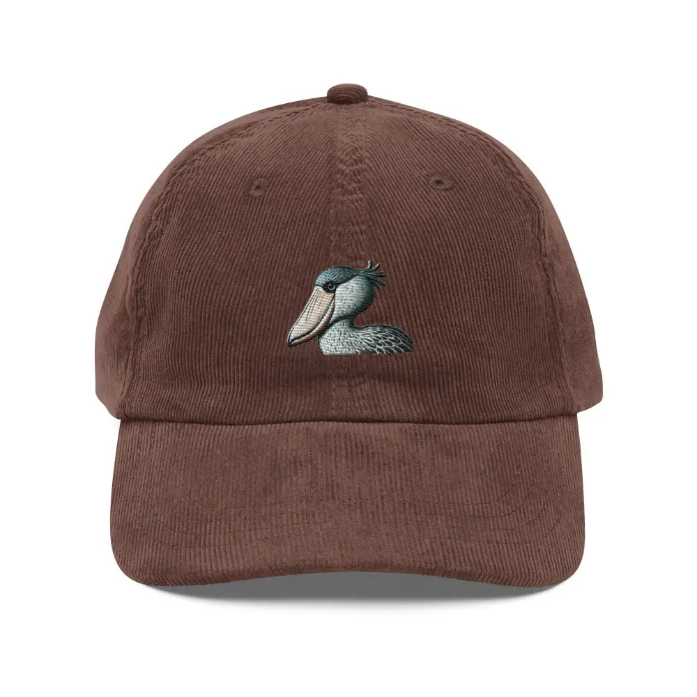 Embroidered shoebill stork on vintage corduroy cap by Trini Skies