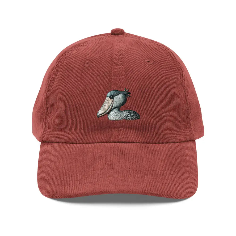 Embroidered shoebill stork on vintage corduroy cap by Trini Skies