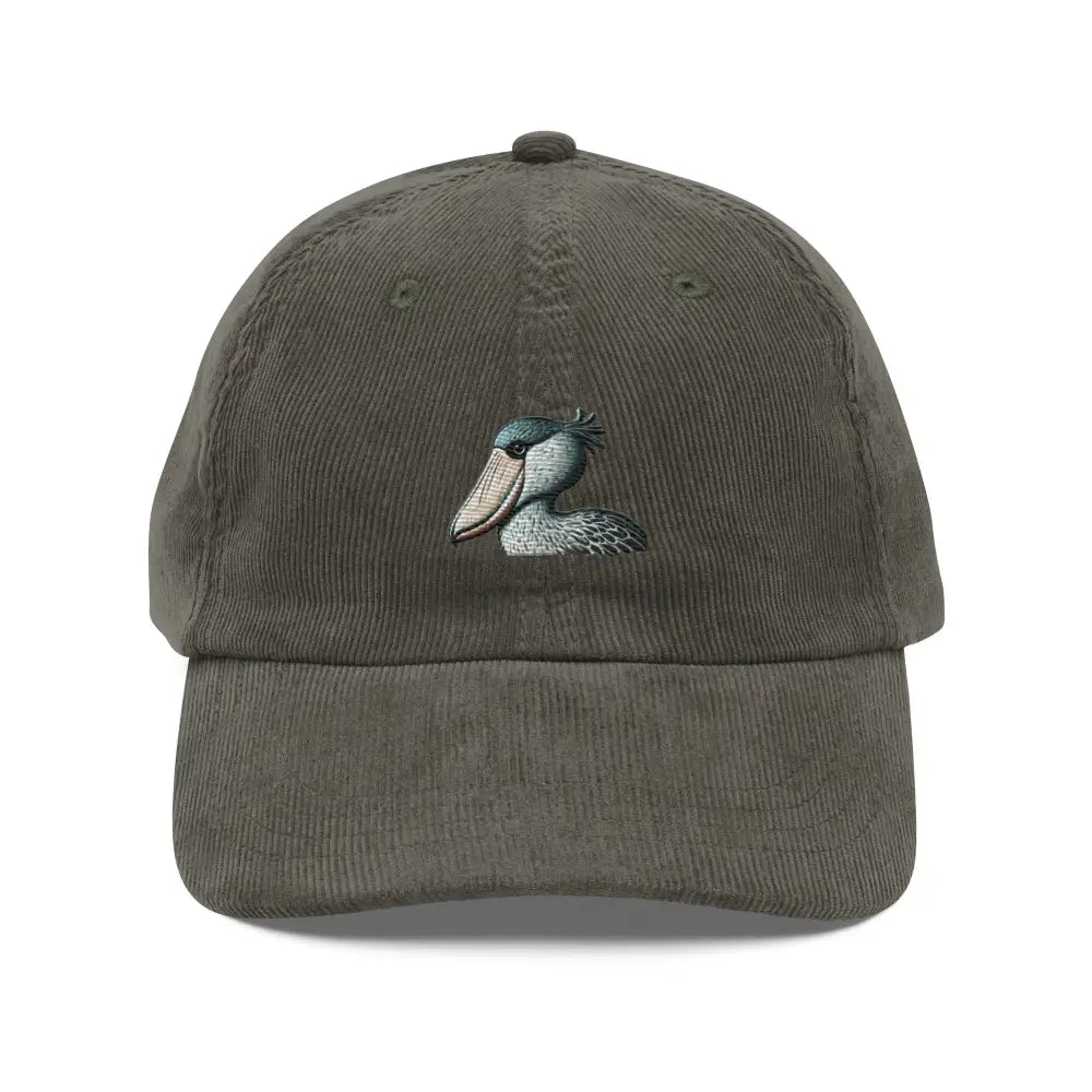 Olive green embroidered shoebill stork vintage corduroy cap by Trini Skies