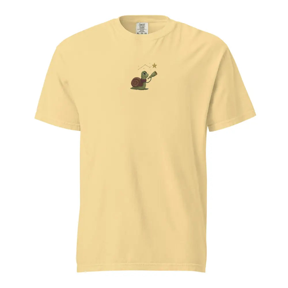 Embroidered Star Gazer Snail Tee in light yellow, Trini Skies breathable shirt