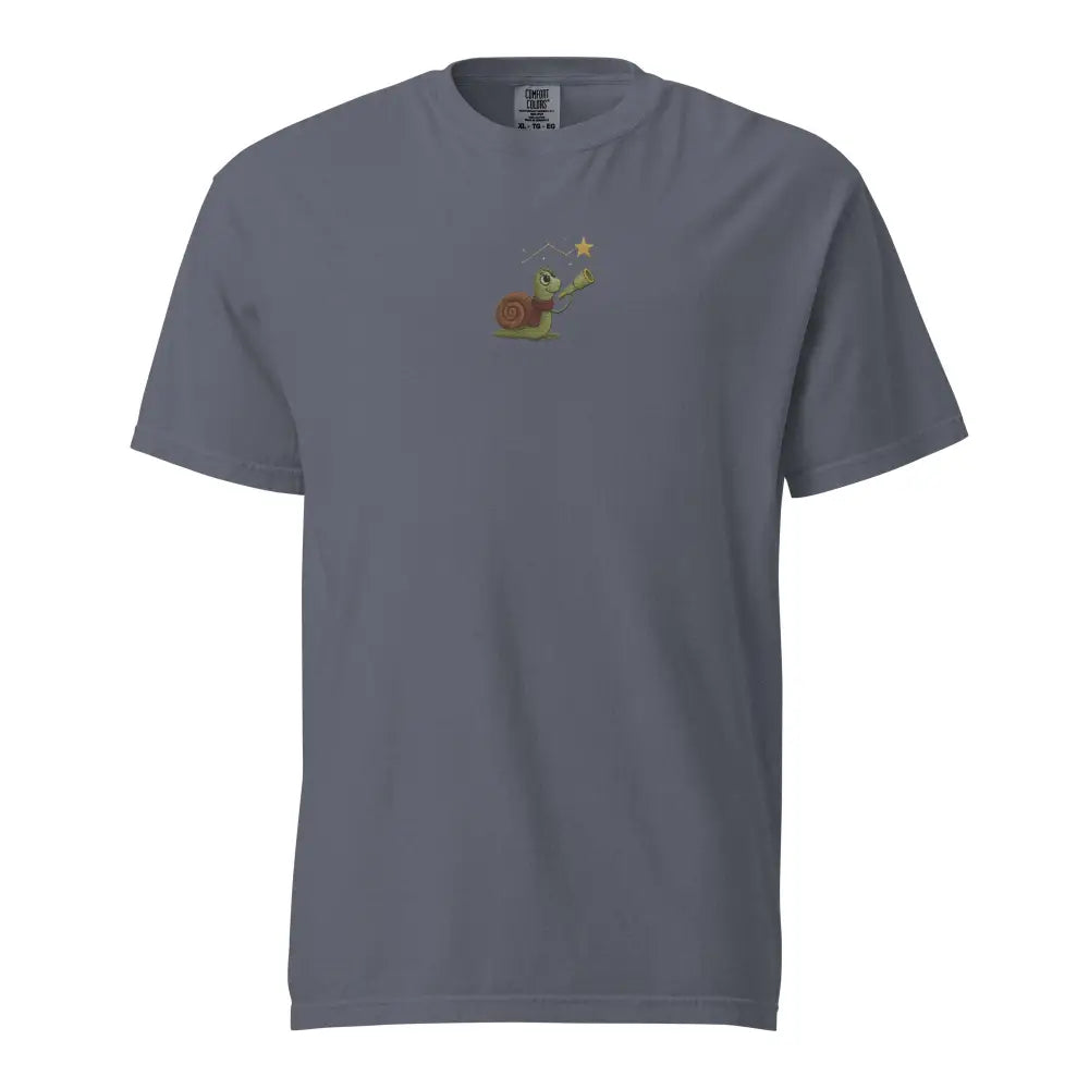 Embroidered star gazer snail on breathable Trini Skies gray tee