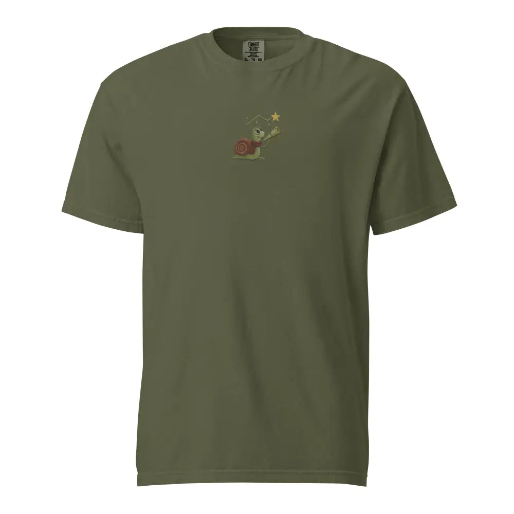 Olive green embroidered star gazer snail tee by Trini Skies