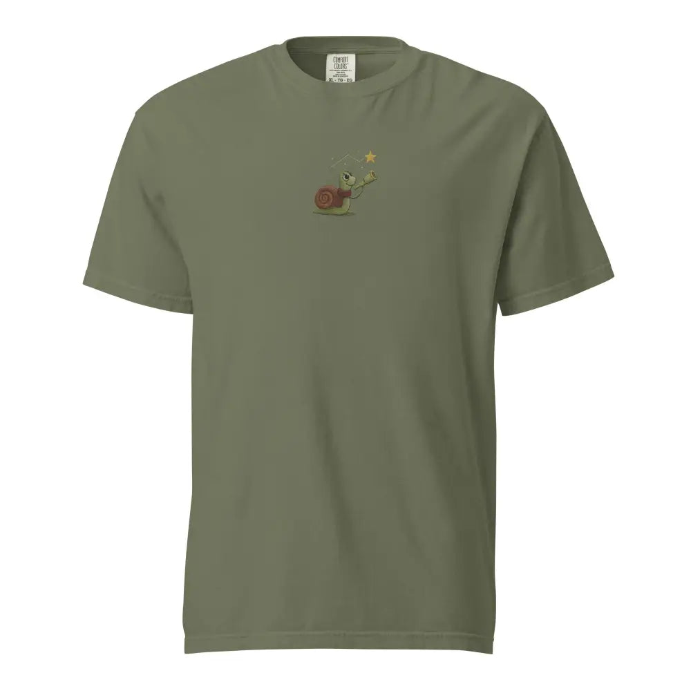 Embroidered star gazer snail on olive green Trini Skies breathable shirt