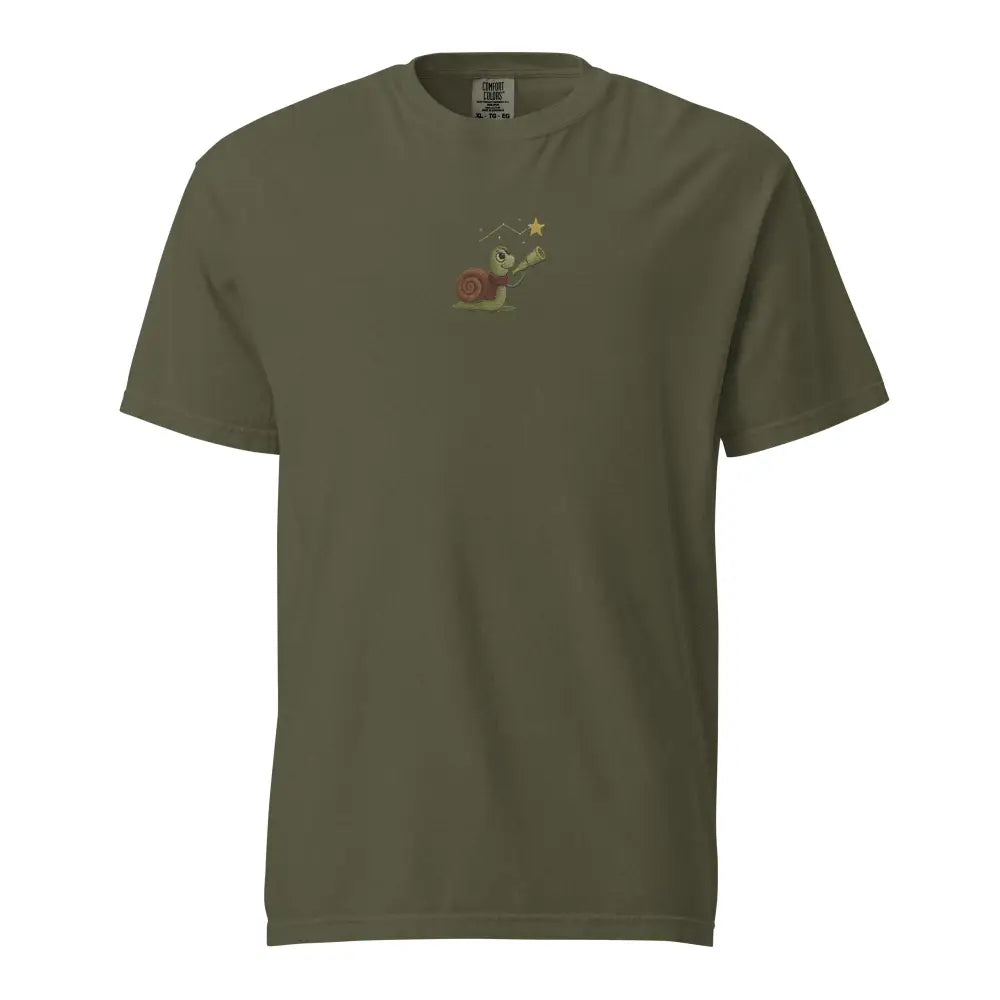 Embroidered Star Gazer snail on olive green Trini Skies breathable shirt
