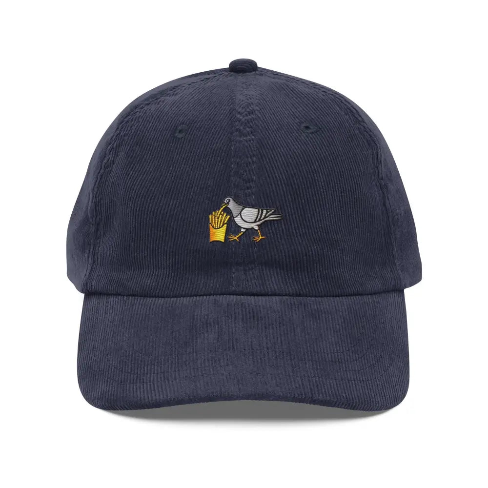 Navy blue embroidered corduroy cap with pigeon eating french fries