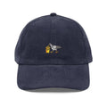 Navy blue embroidered corduroy cap with pigeon eating french fries