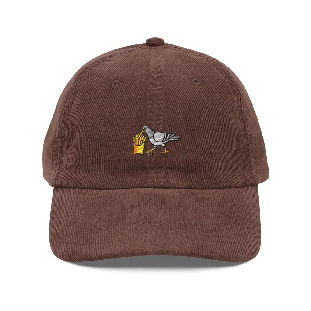Trini Skies embroidered corduroy cap with pigeon eating french fries
