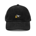 Black embroidered corduroy cap with pigeon eating french fries