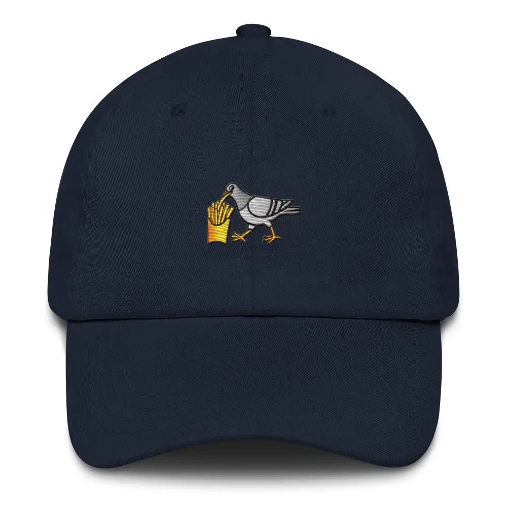 Navy blue Trini Skies french fries embroidered pigeon dad hat in chino cotton twill