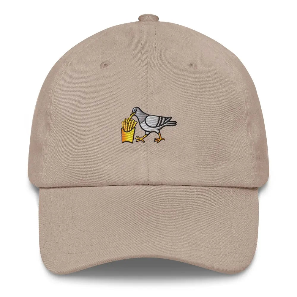 Beige french fries embroidered pigeon dad hat in chino cotton twill by Trini Skies