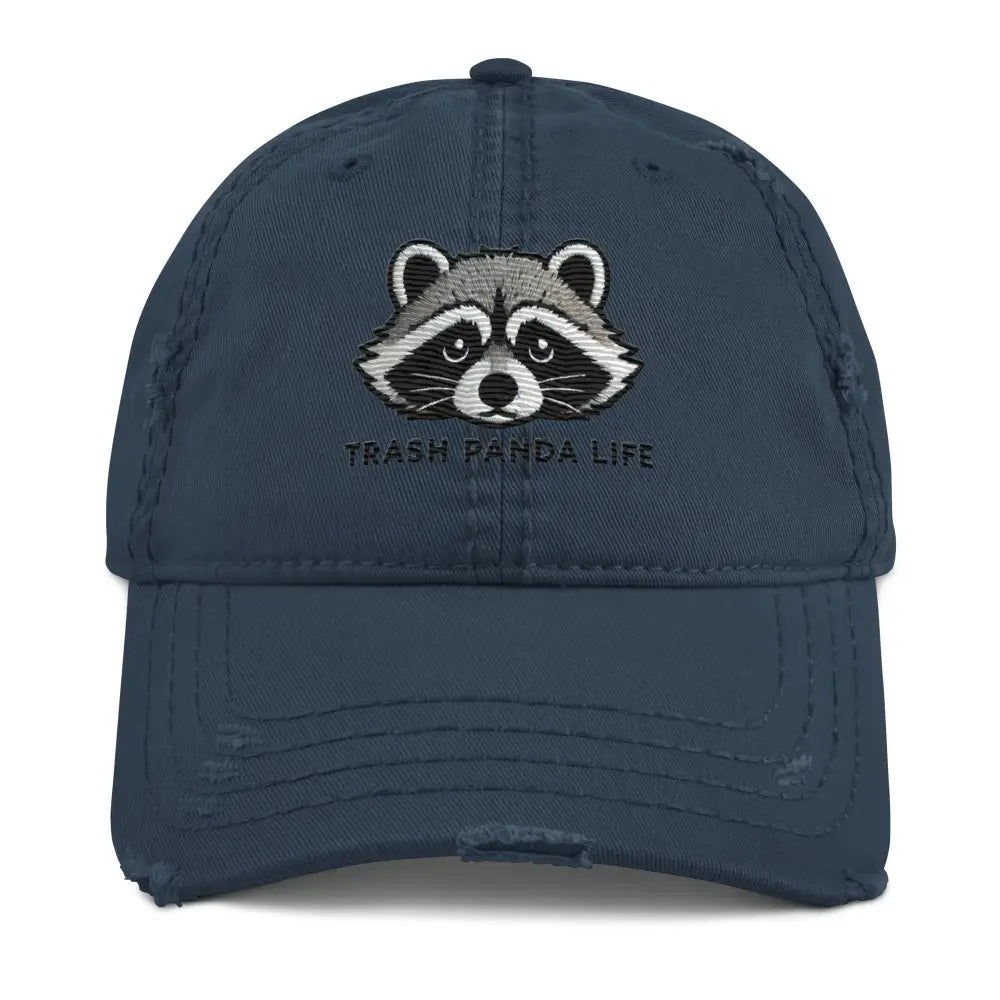 Navy distressed embroidered Trash Panda Life dad hat – funny raccoon cotton cap