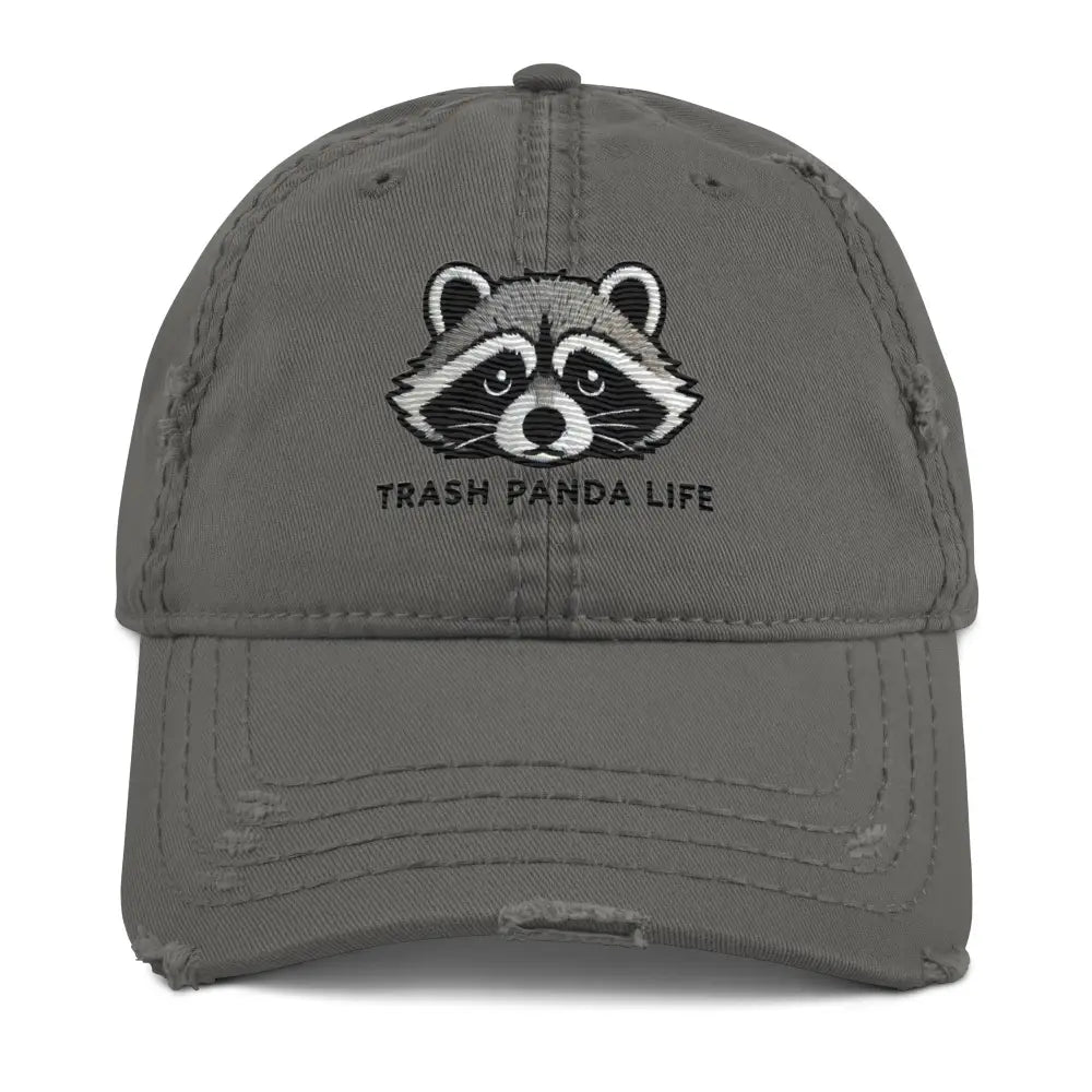 Khaki distressed embroidered Trash Panda Life hat – funny raccoon adjustable cotton cap