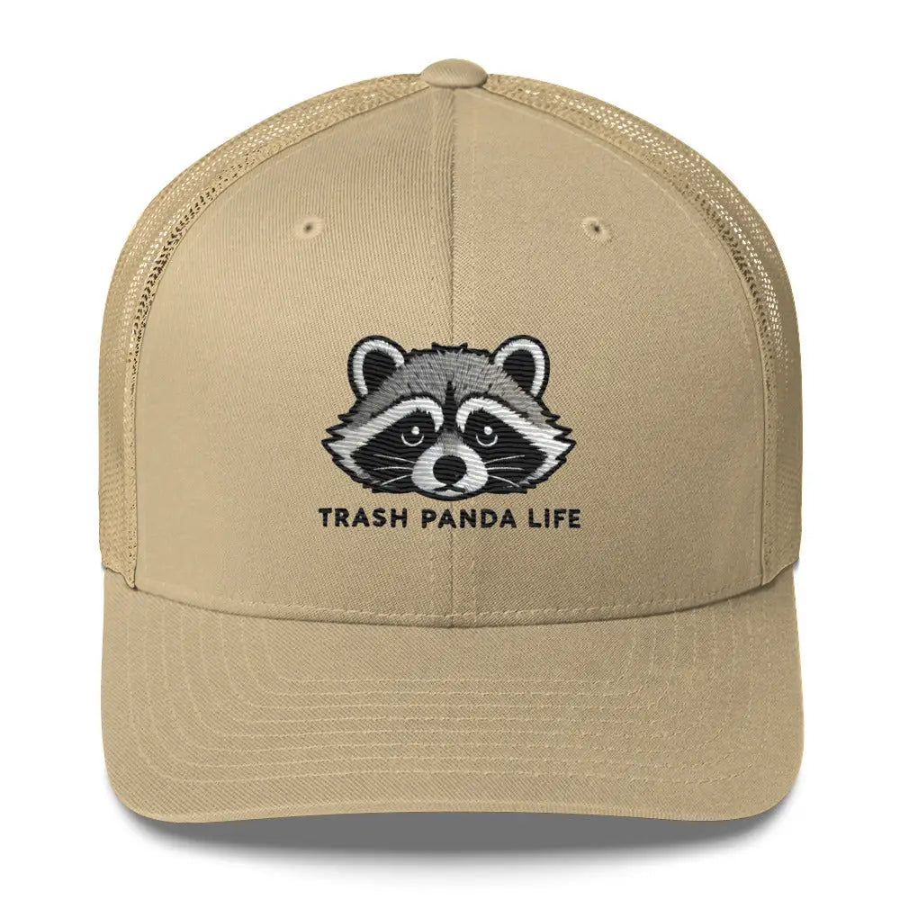 Navy white embroidered trash panda trucker hat – funny wildlife humor mesh back cap