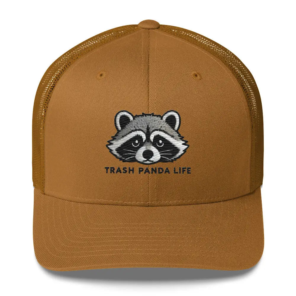 Black white embroidered trash panda trucker cap – funny raccoon wildlife mesh hat