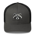 Black embroidered trash panda wildlife humor trucker hat – funny raccoon mesh back cap