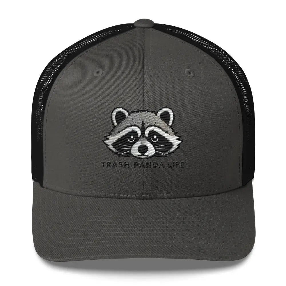 Black embroidered trash panda wildlife humor trucker hat – funny raccoon mesh back cap