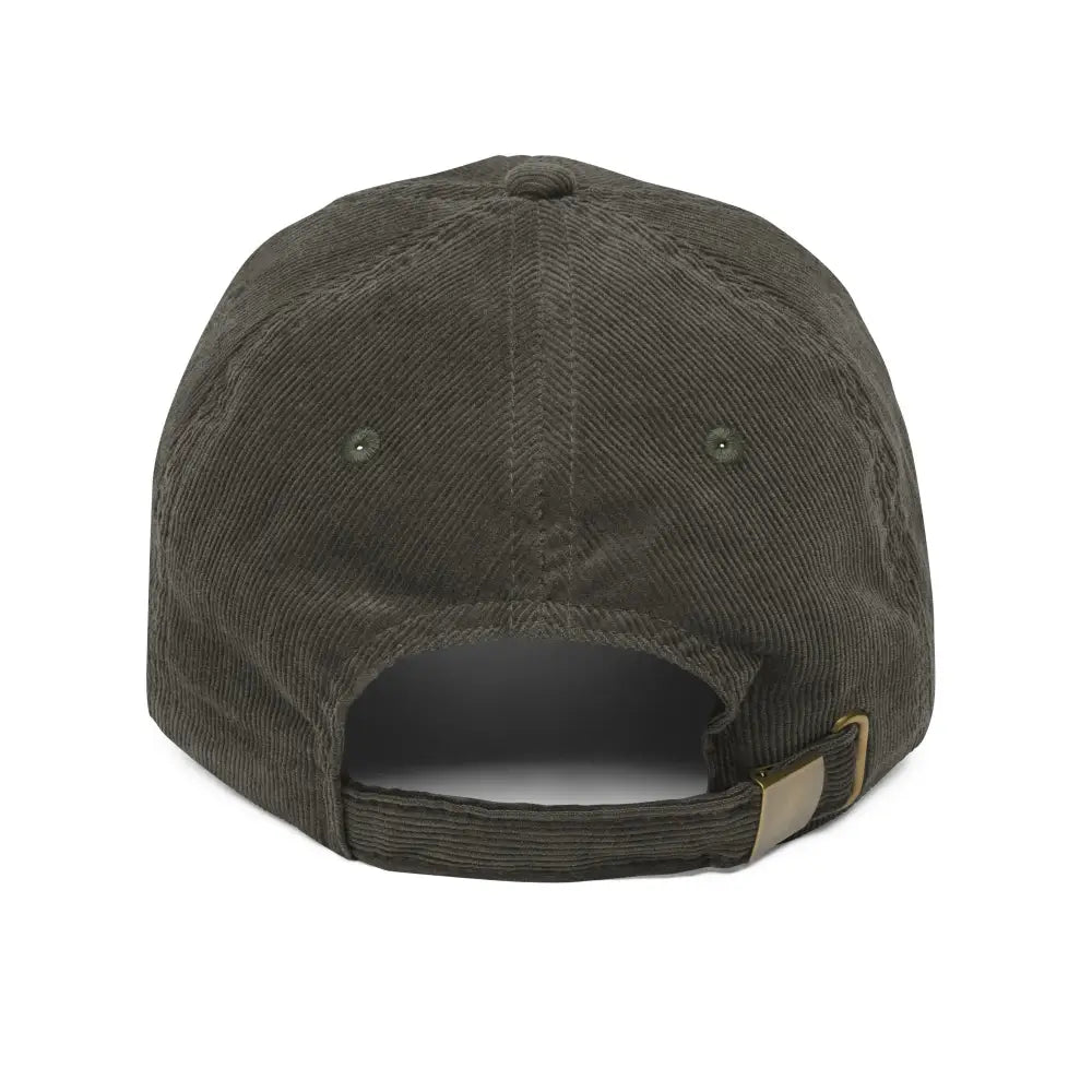 Trini Skies embroidered traveling snail vintage corduroy hat in dark olive green with brass buckle
