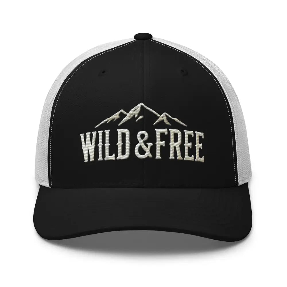 Embroidered wild Trini Skies trucker hat with mountain design