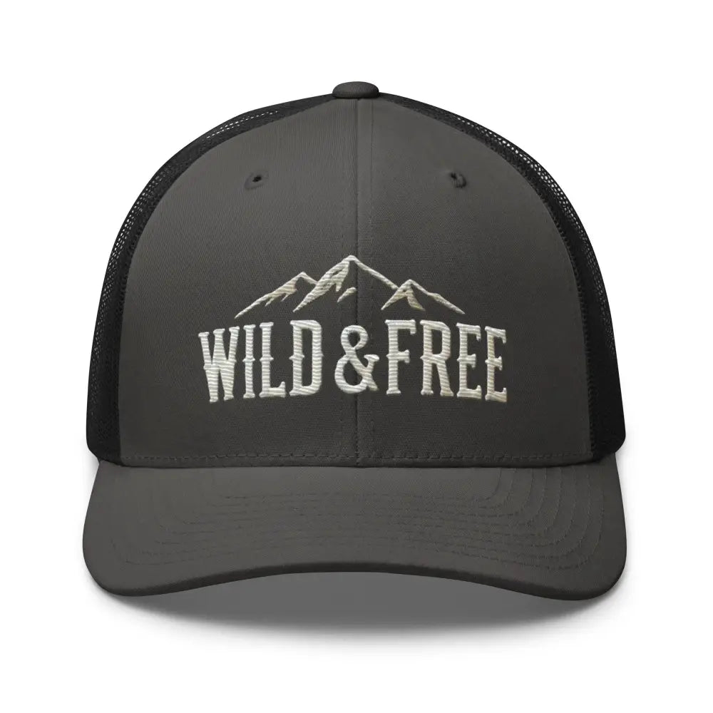 Dark grey Trini Skies trucker cap with embroidered wild mountain design