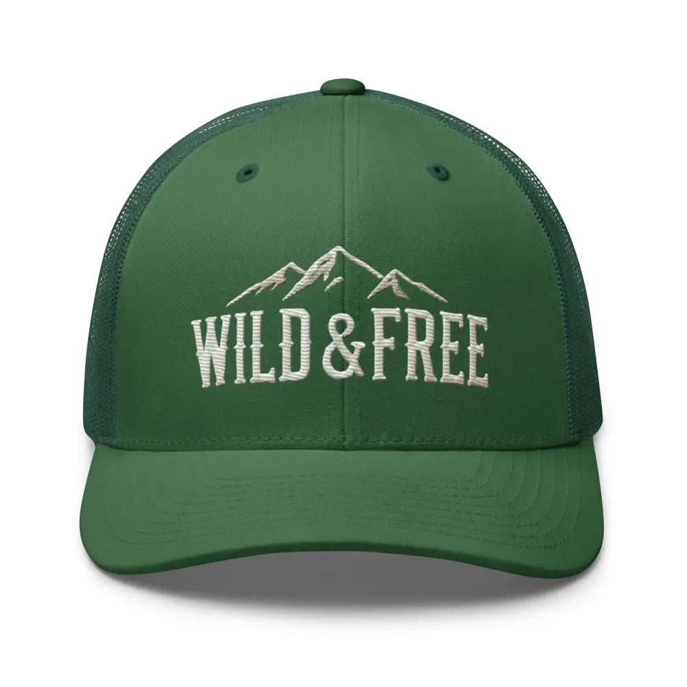 Dark green Trini Skies embroidered wild trucker hat with mountain design