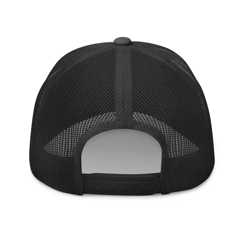 Embroidered Wild Free Mountain Trucker Hat in Trini Skies Black Mesh