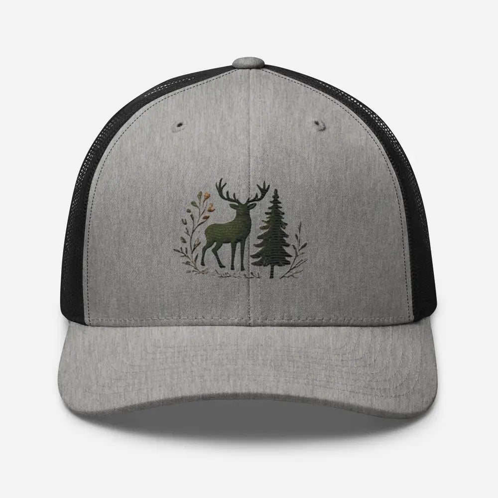 Heather black embroidered wildlife deer trucker cap – mesh back adjustable hunting hat