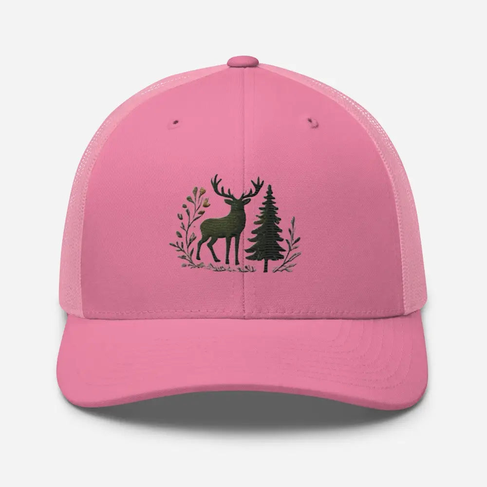 Pink embroidered wildlife deer trucker hat – mesh back adjustable nature cap for women