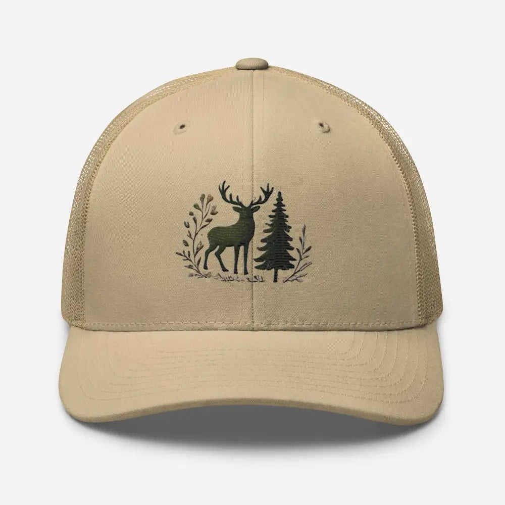 Khaki embroidered wildlife deer trucker cap with tan mesh back – adjustable hunting hat