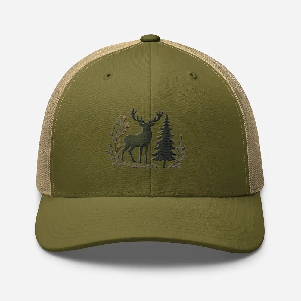 Olive embroidered wildlife deer trucker cap – mesh back adjustable nature hunting hat