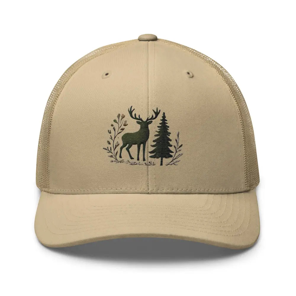 Moss khaki embroidered wildlife deer trucker hat – mesh back outdoor hunting cap