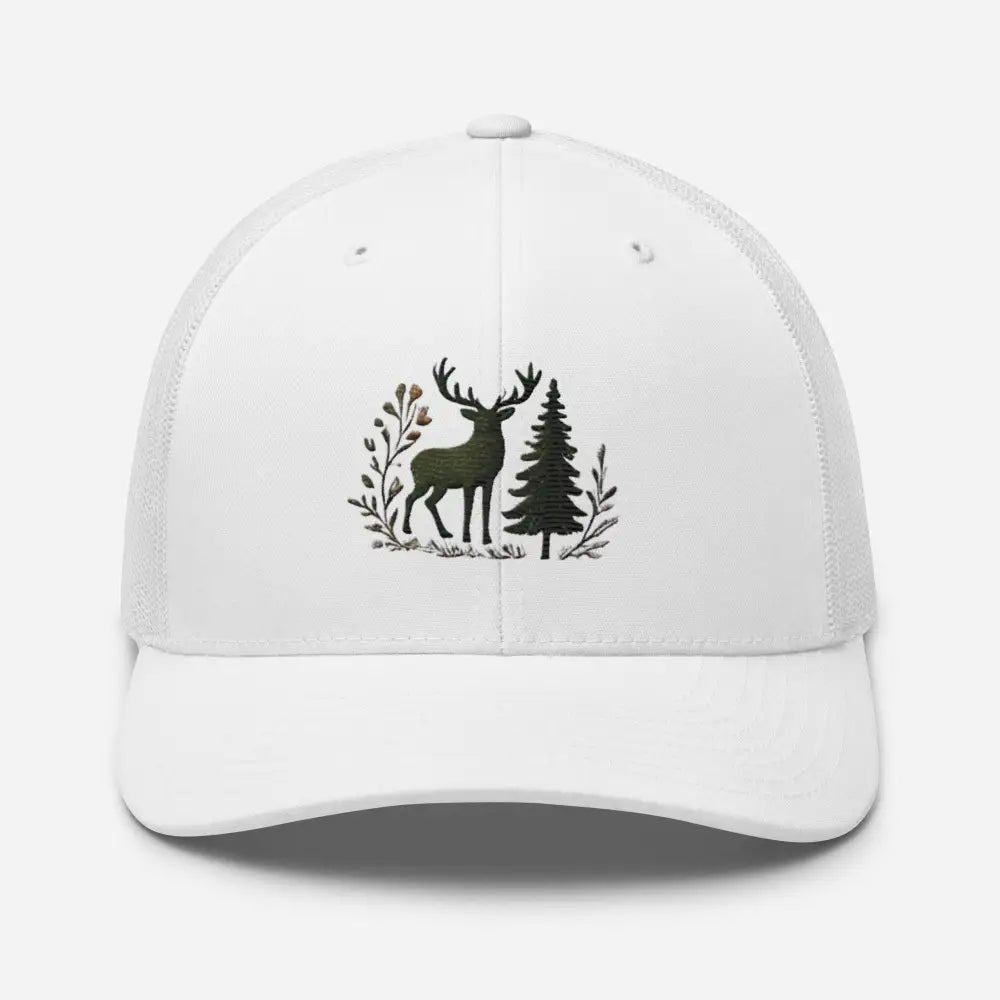 White embroidered wildlife deer trucker hat – mesh back adjustable nature cap