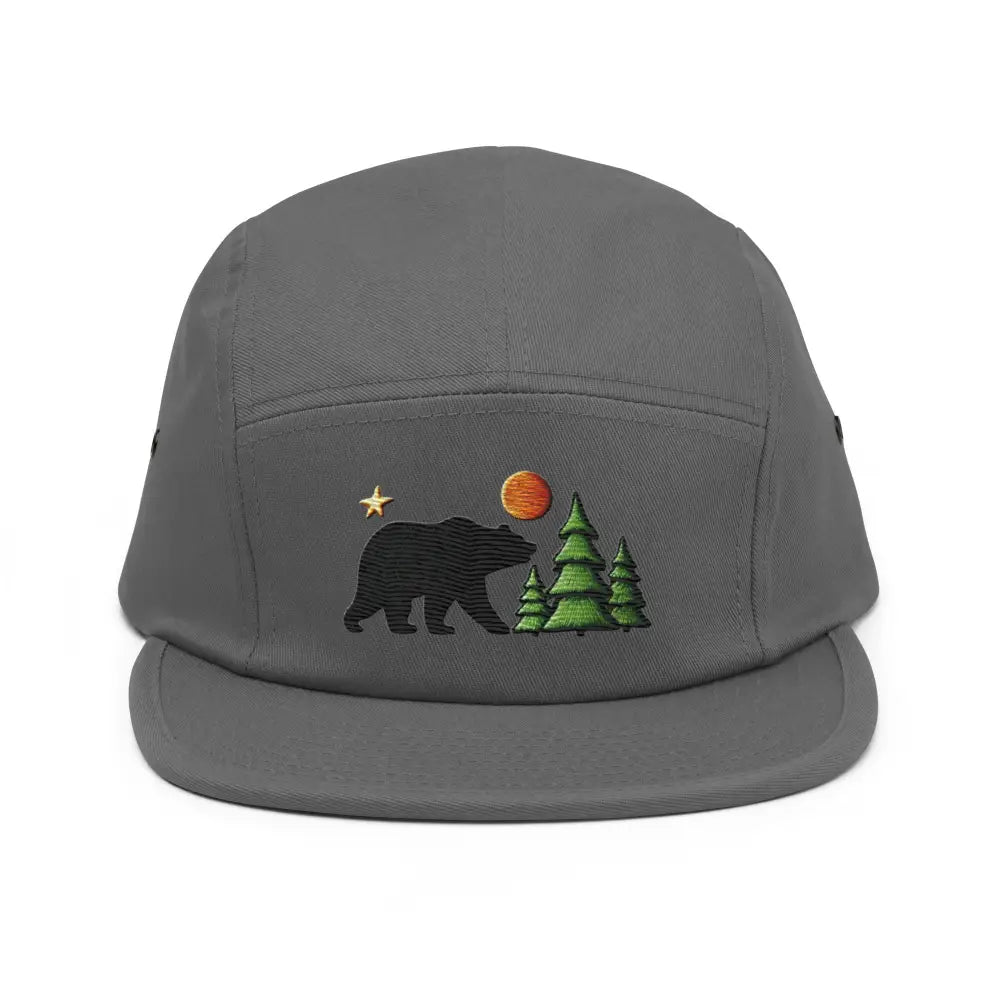 Gray embroidered wildlife nature five panel cap with bear moon trees for camping hiking