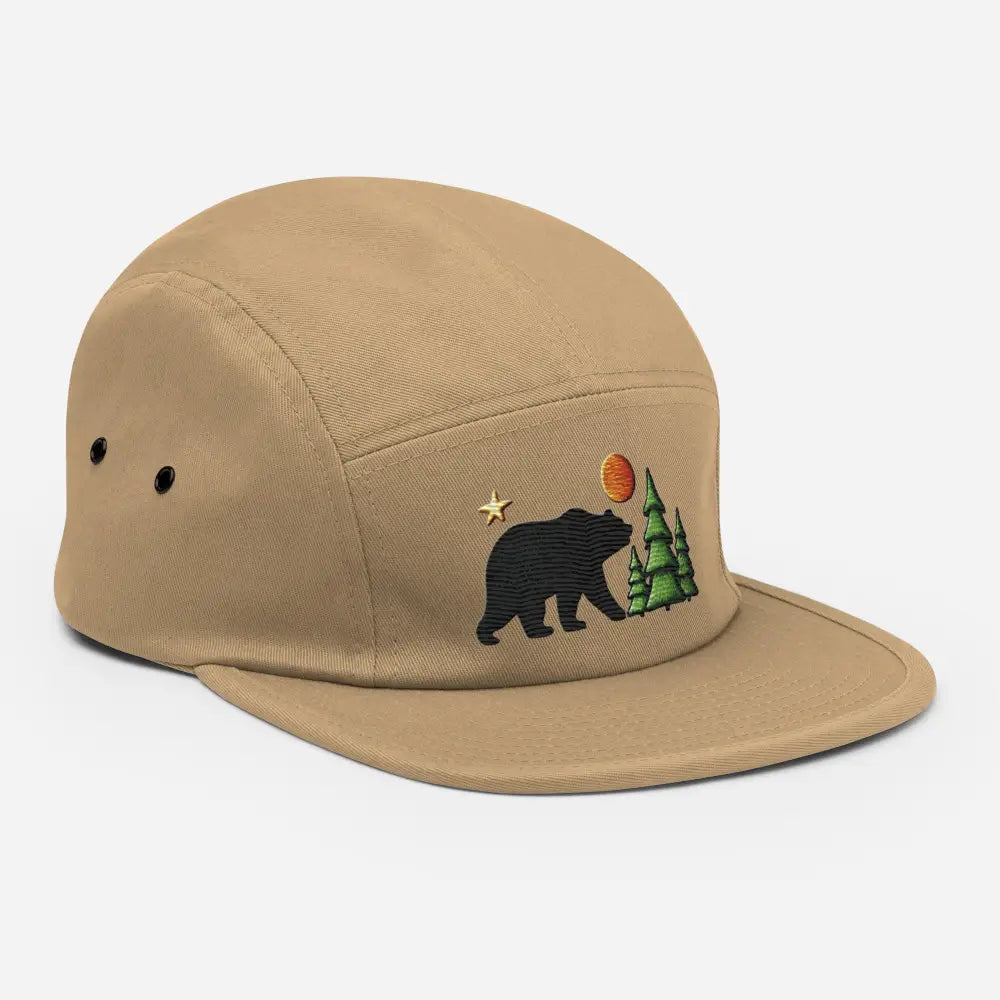 Tan embroidered wildlife nature five panel cap with bear, trees, sun, star design for camping hiking
