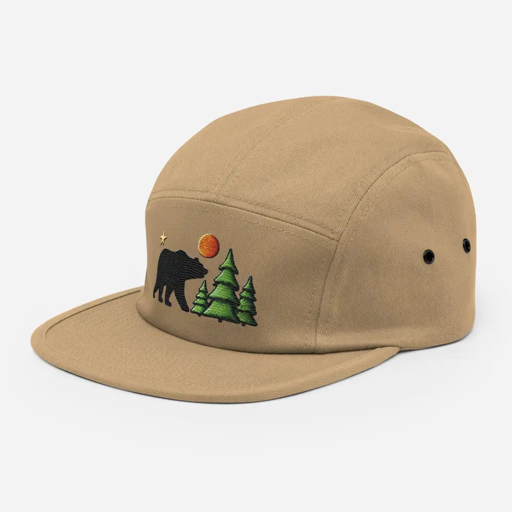 Beige embroidered wildlife nature five panel cap with bear and pine tree design for camping hiking
