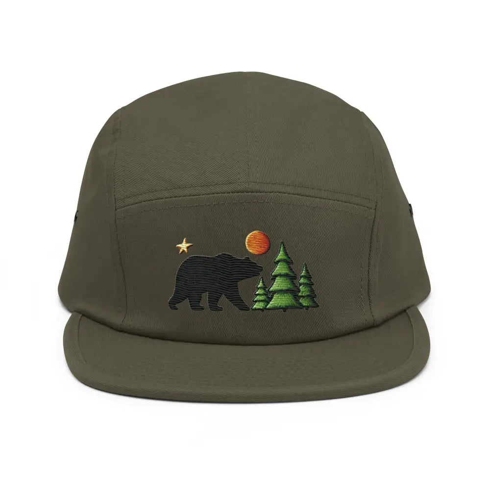 Olive green embroidered wildlife nature five panel cap with bear, moon, trees for camping hiking
