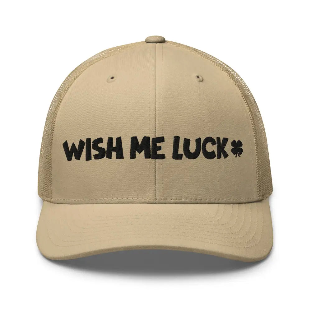 Tan mesh back clover trucker hat with Wish Me Luck shamrock embroidery