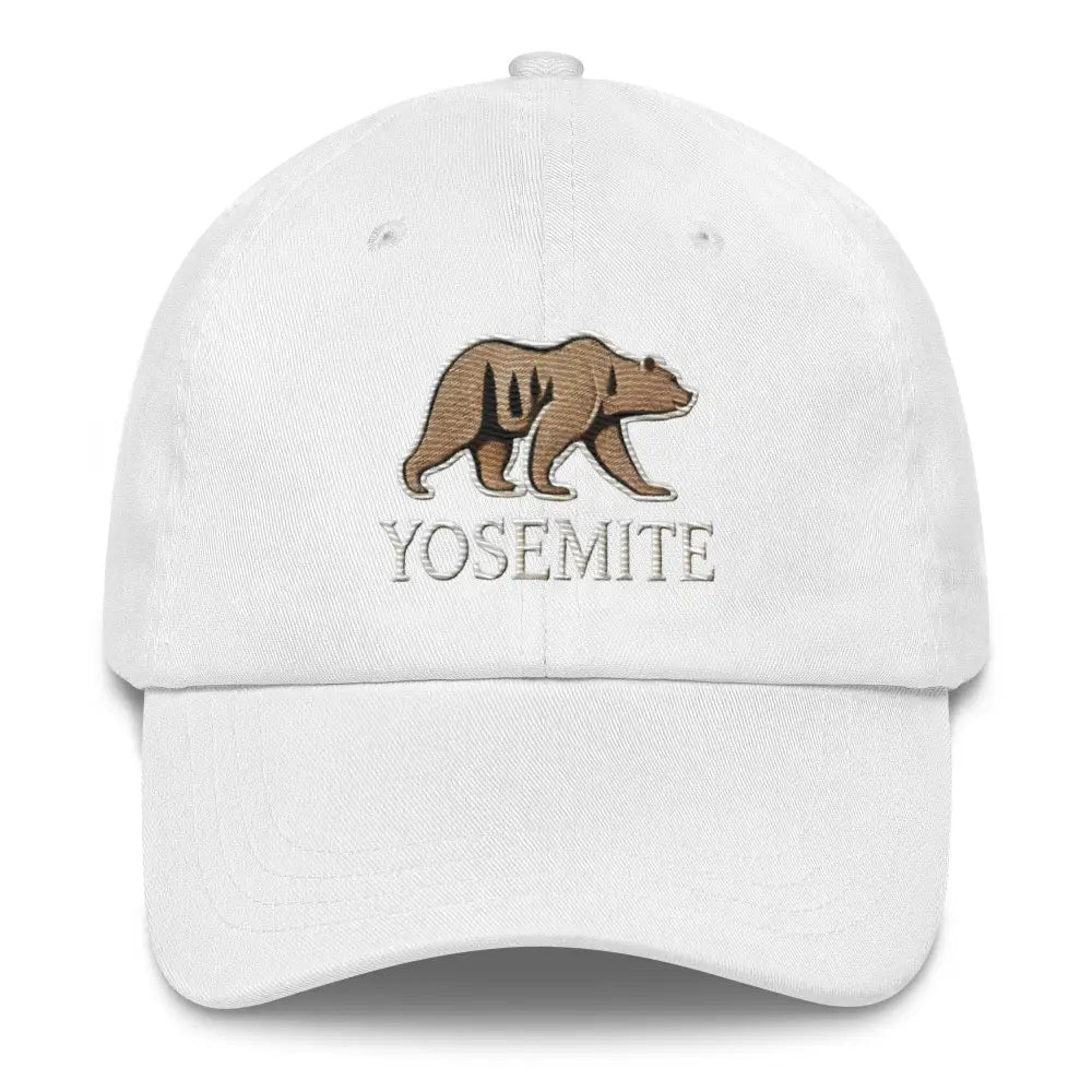 Embroidered Yosemite wildlife bear dad hat on model – National Park cotton baseball cap