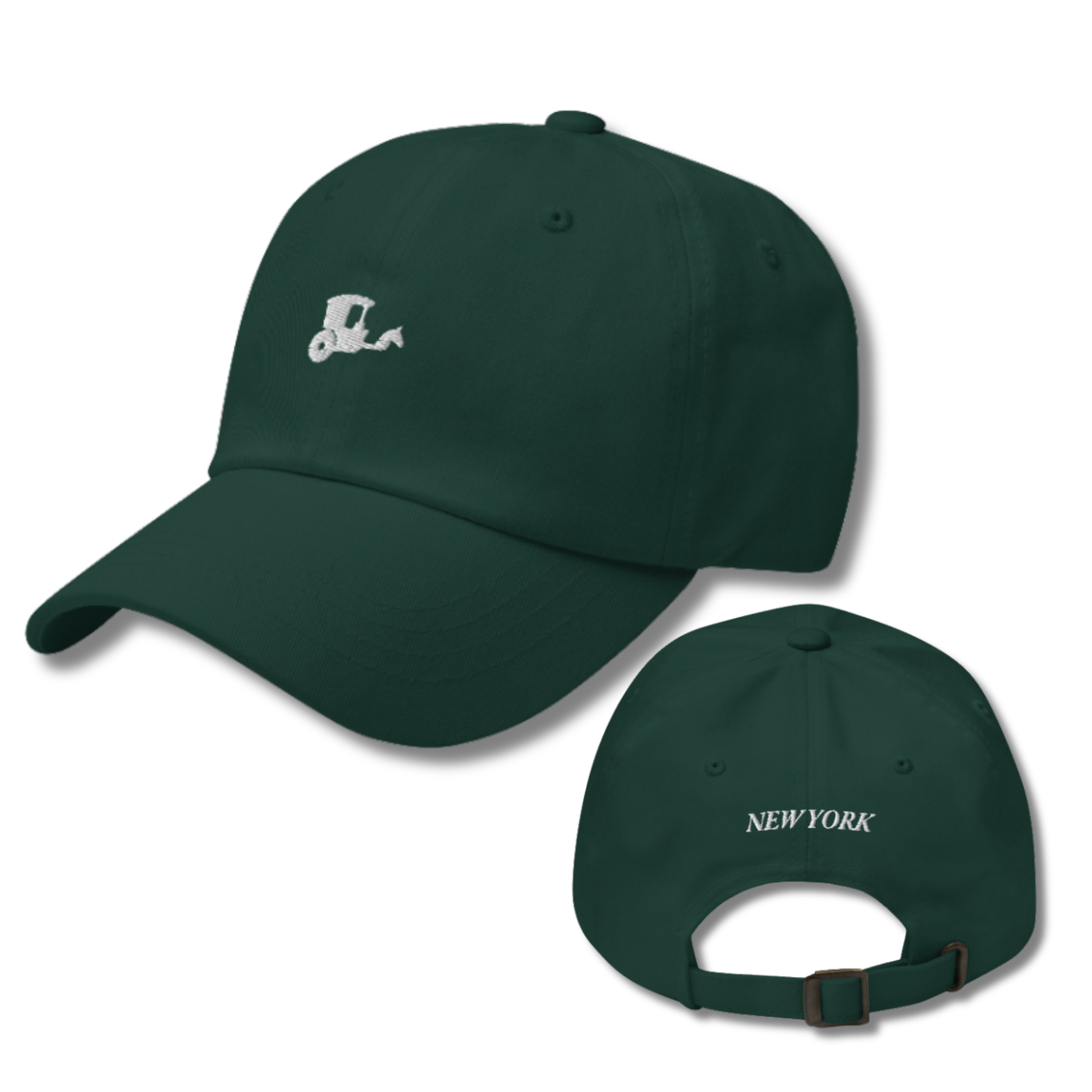  forest green New York Carriage embroidered dad hat cotton twill Central Park carriage icon Trini Skies