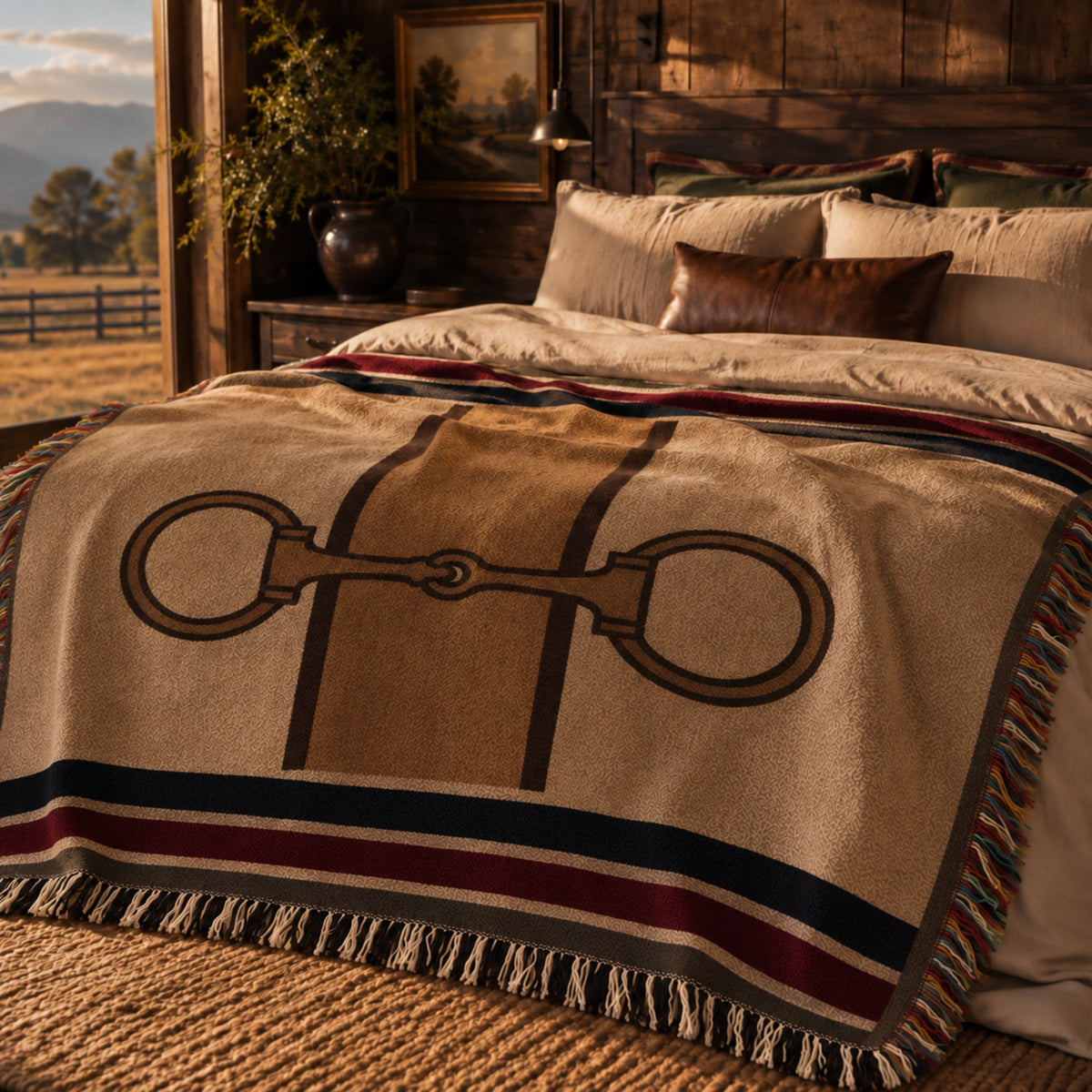 Equestrian Estate woven cotton throw blanket with snaffle bit motif styled on a log bed in a ranch bedroom — horse painting above, hunter green burgundy and navy stripe border, Trini Skies