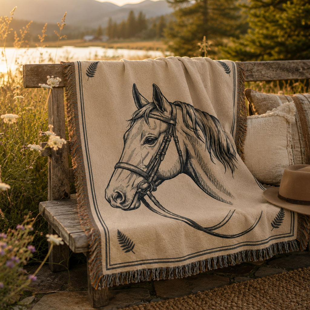 Quiet Mare woven cotton throw blanket displayed outdoors, horse portrait with leather bridle detail — Trini Skies