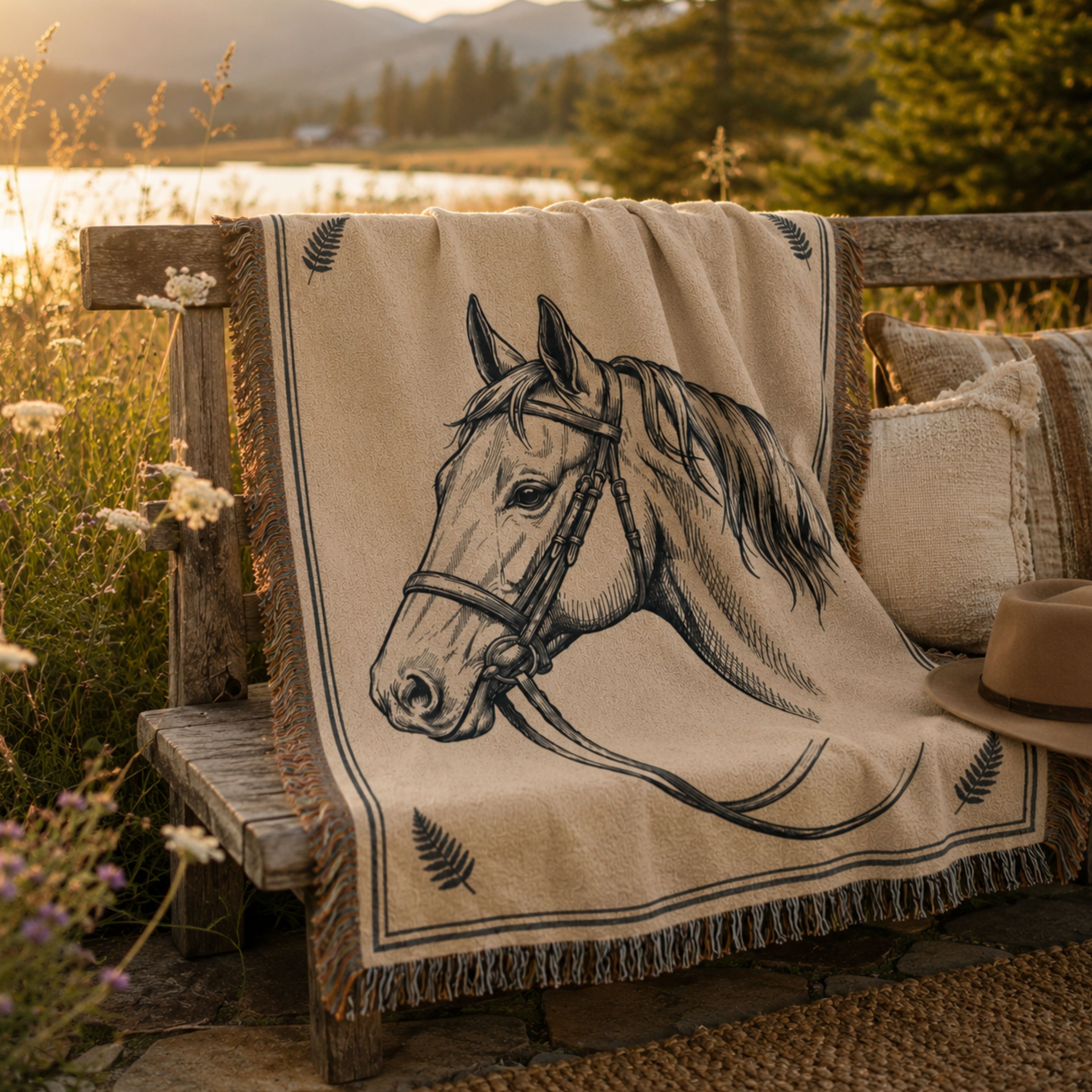 Quiet Mare woven cotton throw blanket displayed outdoors, horse portrait with leather bridle detail — Trini Skies