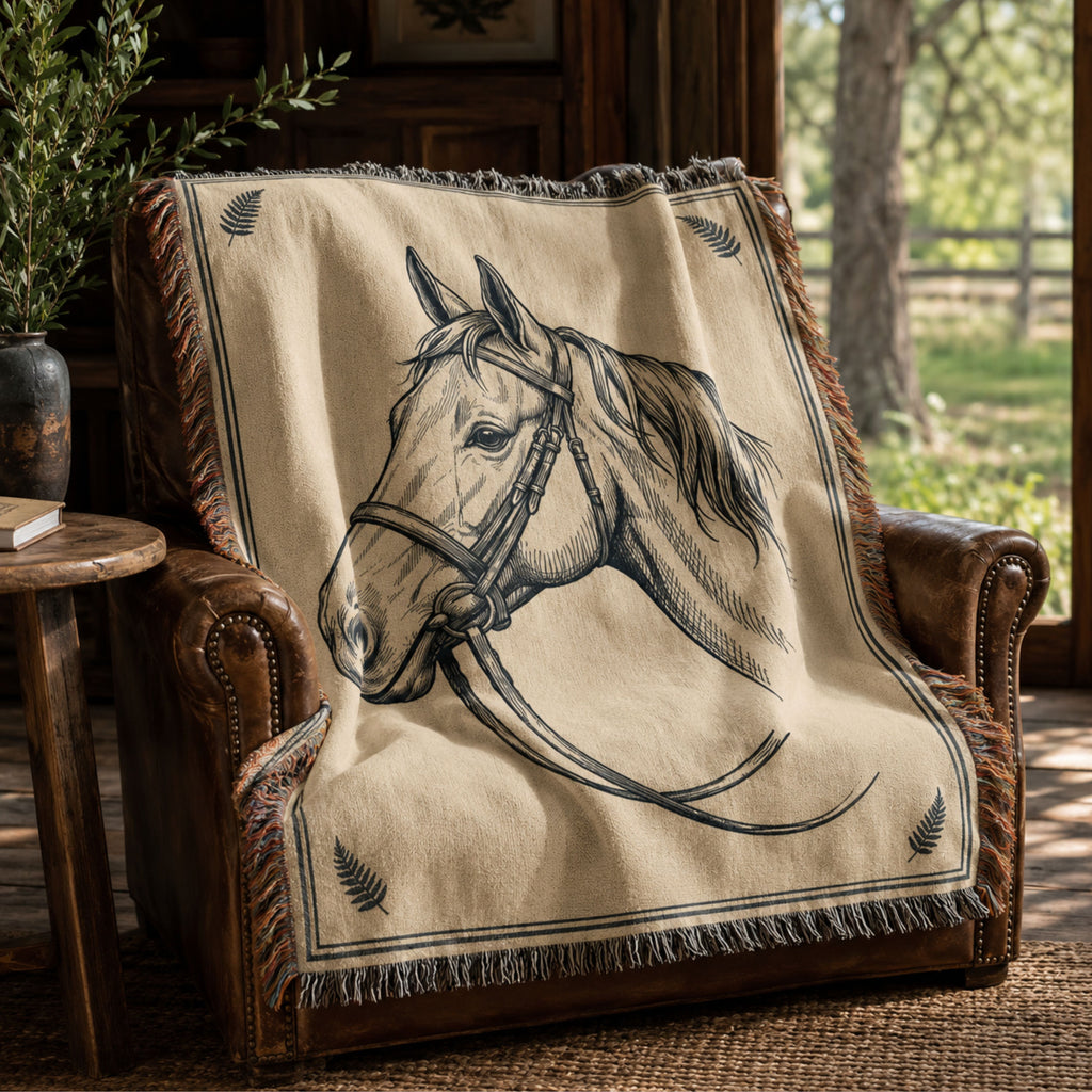 Quiet Mare woven cotton throw blanket draped over a leather armchair, hand-illustrated horse portrait design — Trini Skies