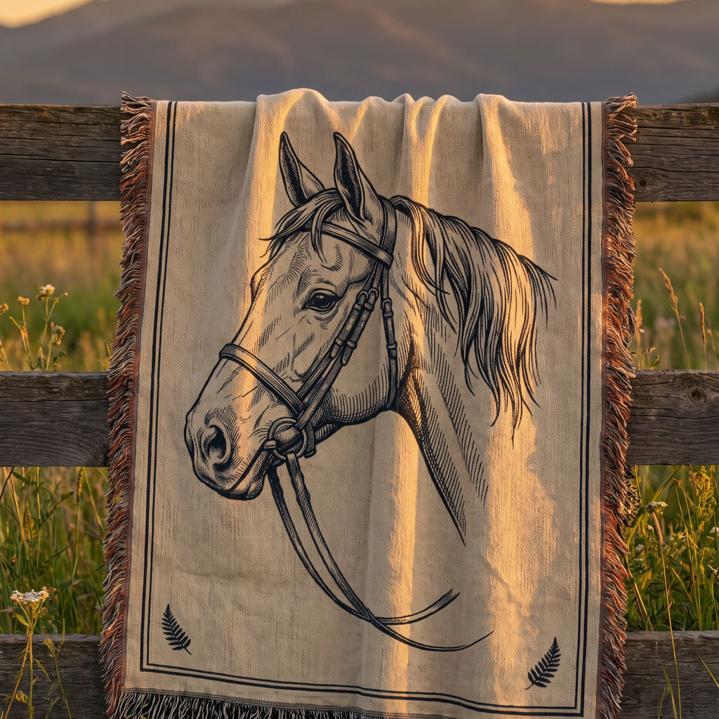 Quiet Mare woven cotton throw blanket hanging over a weathered wooden fence rail at golden hour, hand-illustrated horse portrait — Trini Skies